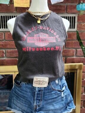 Harley-Davidson Milwaukee WI Cropped Ribbed Tank Top Gray Pink Graphic Size S